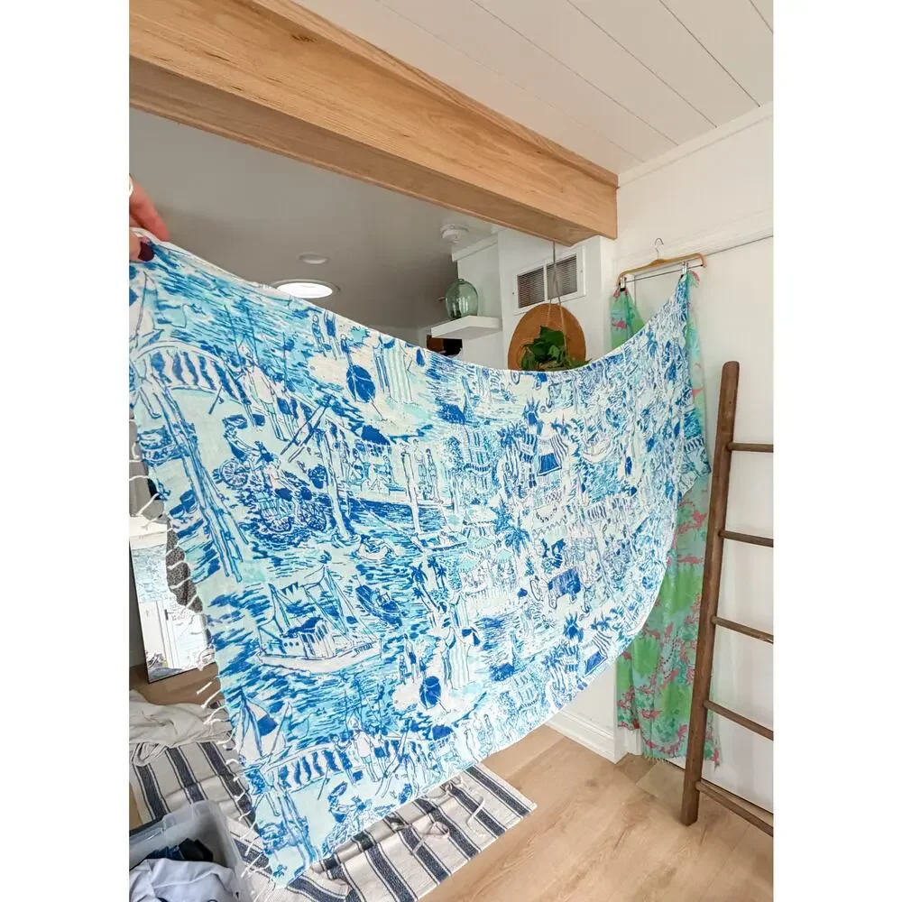 Lilly Pulitzer Silk & Cashmere Blue White Fresh Catch Print Scarf